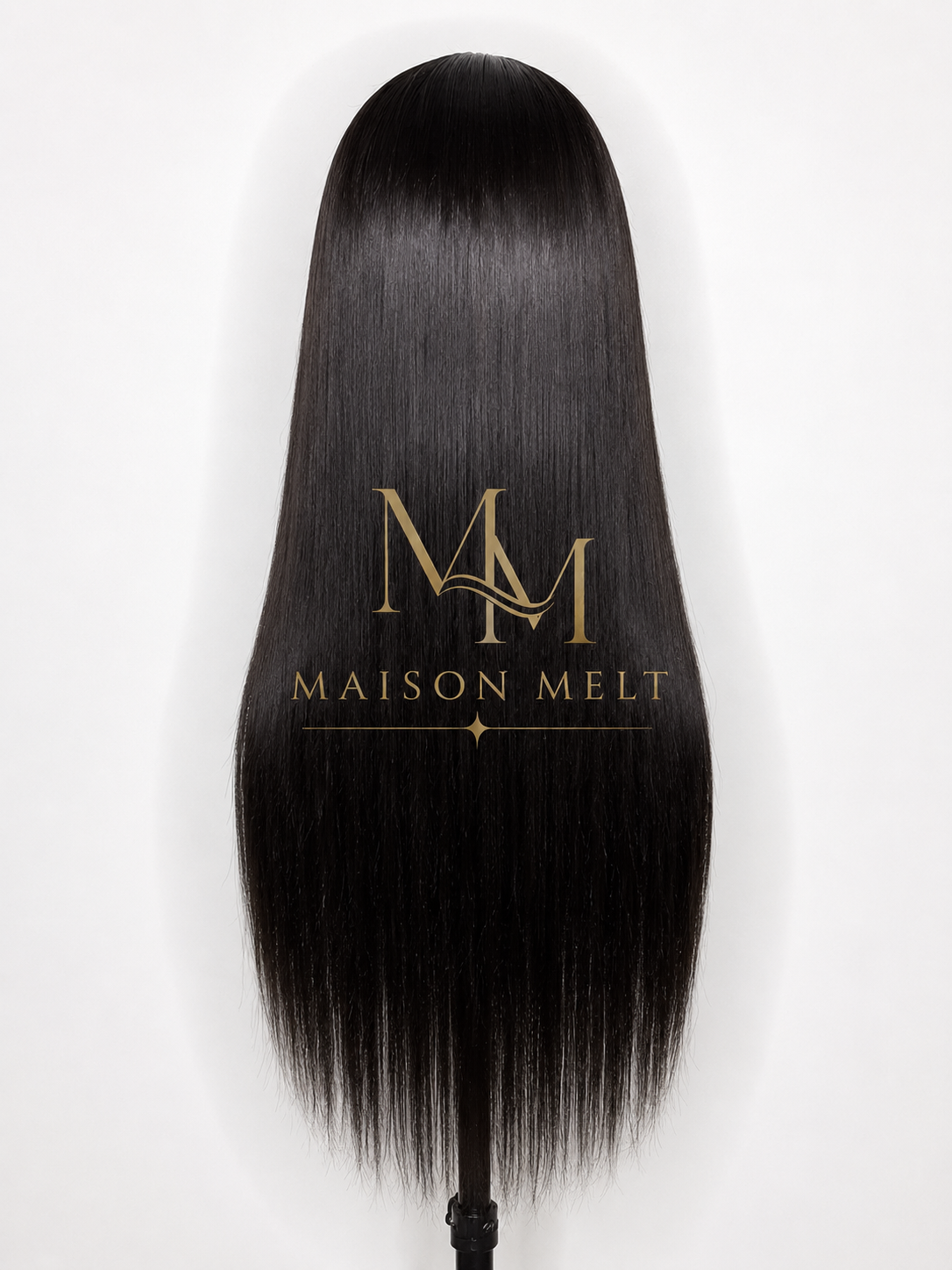 Black hair extension with Maison Melt logo on a white background