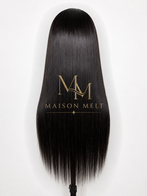 Black hair extension with Maison Melt logo on a white background