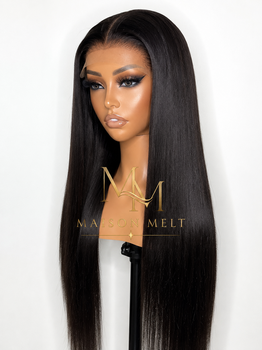 Mannequin head with long black straight wig on a white background, featuring the Maison Melt logo.